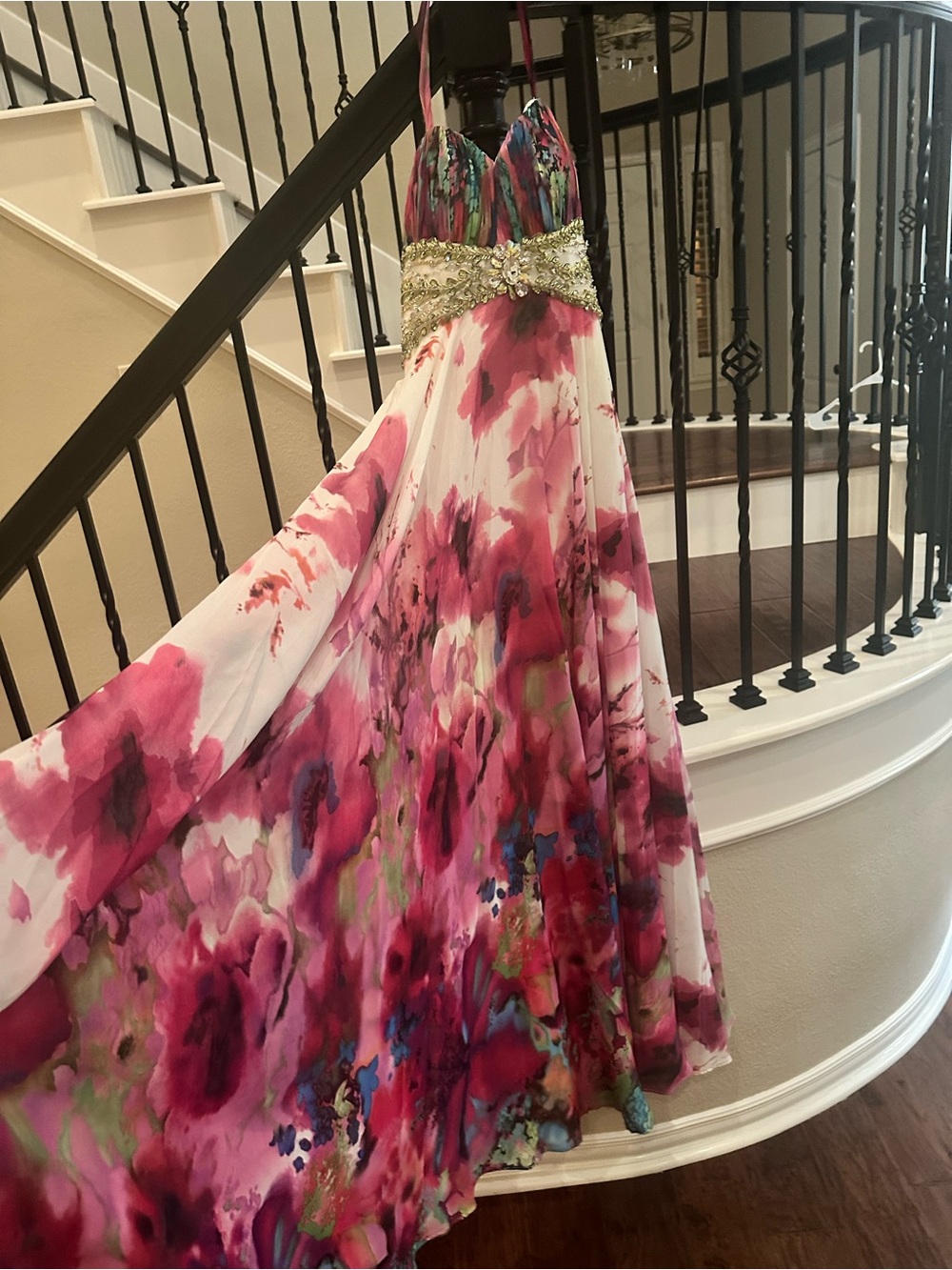 Floral Watercolor Halter Dress with Beaded Waistband - Pink Multicolor